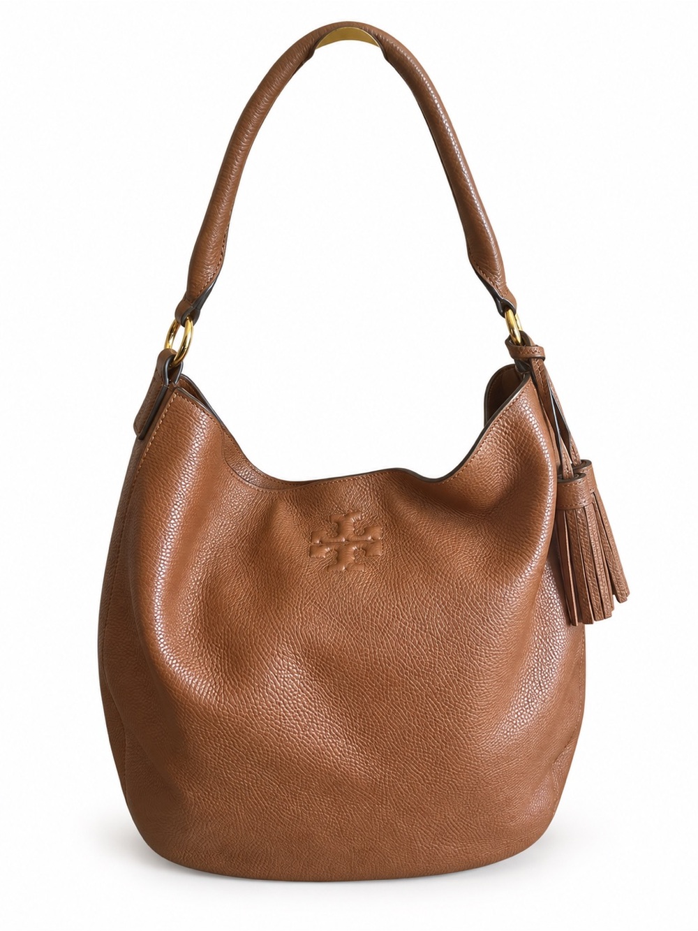 Tory Burch Carson Hobo Cognac Pebbled Leather Tassel Shoulder Bag